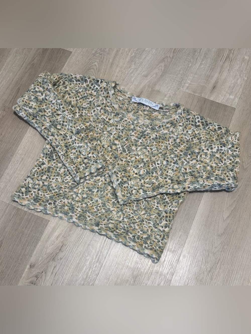 Vintage Santa Barbara Crochet Open Knit Sweater - Sage, Cream & Mustard